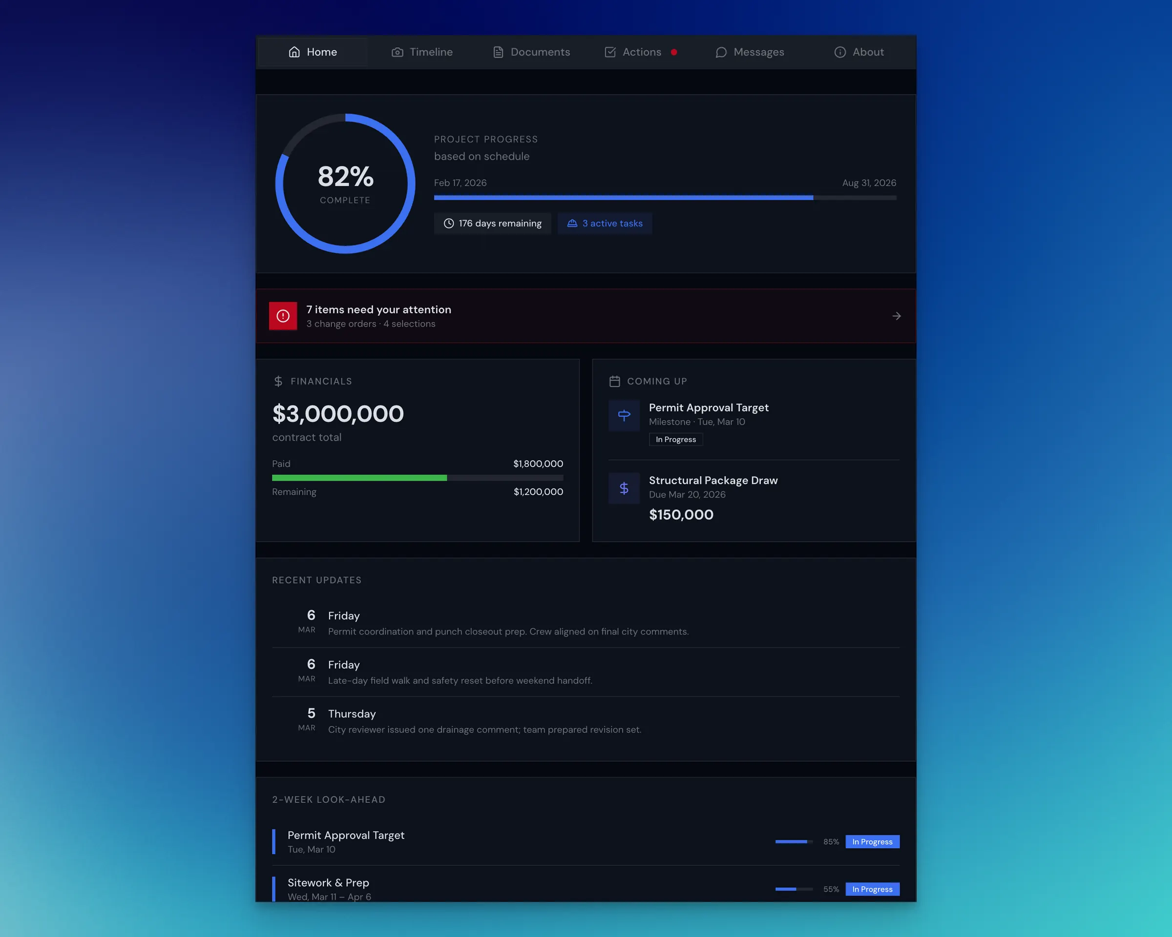 Arc client and subcontractor portals showing project updates, approvals, and communication