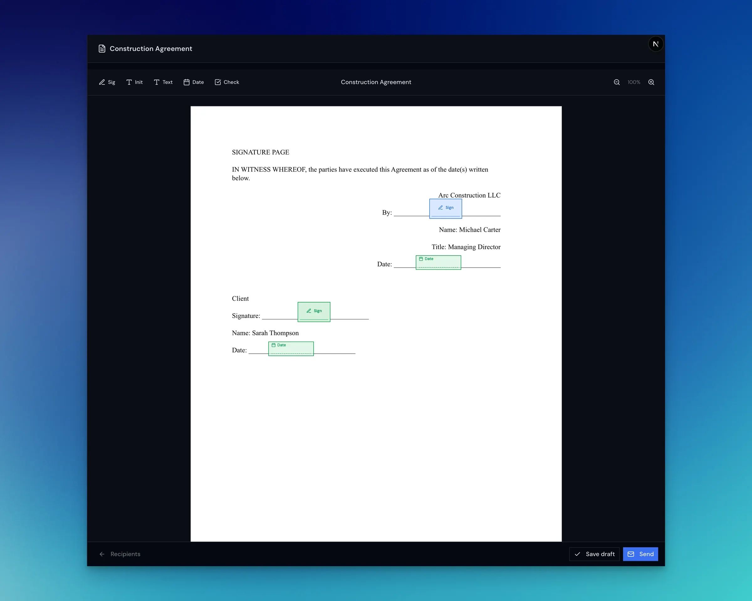 Arc e-signing workflow showing signature block placement directly inside a PDF